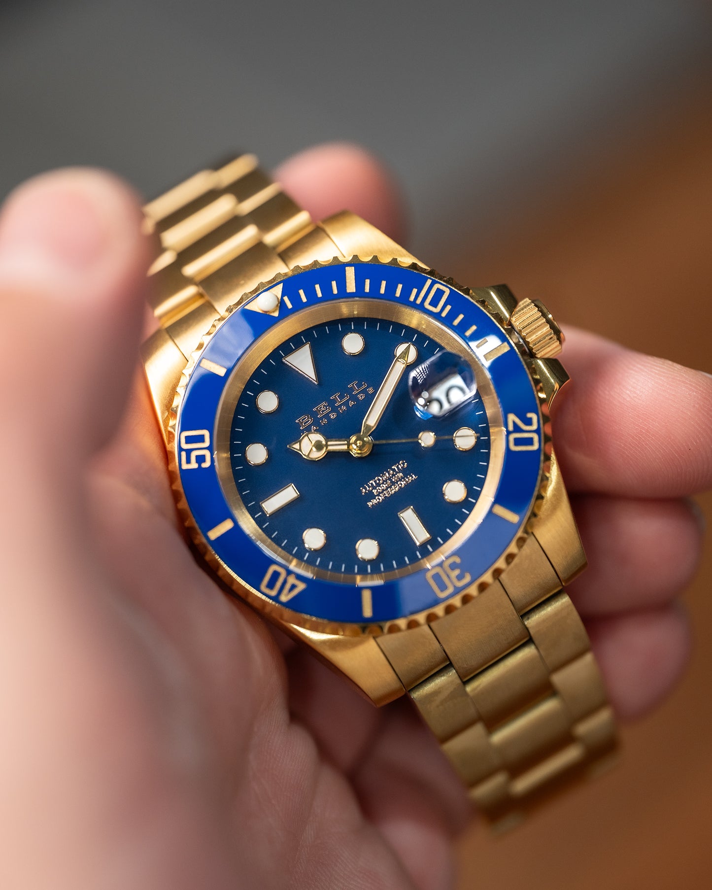 Bell Handmade Gold Submariner Blue Dial NH35 Automatic Watch