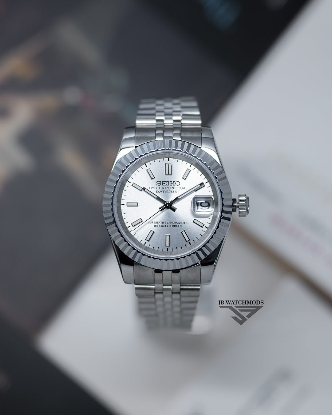 JB.WATCHMODS Custom Seiko Mod Silver Datejust style NH35 automatic watch