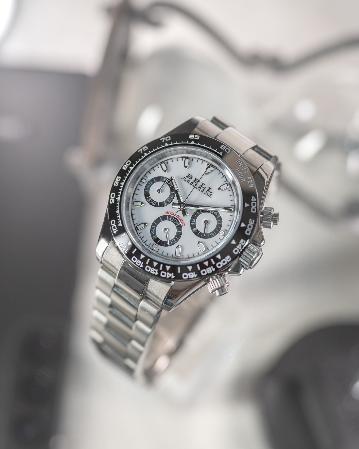 BELL Handmade VK63 Meca-Quartz Chronograph Watch in Silver and White Panda Dial