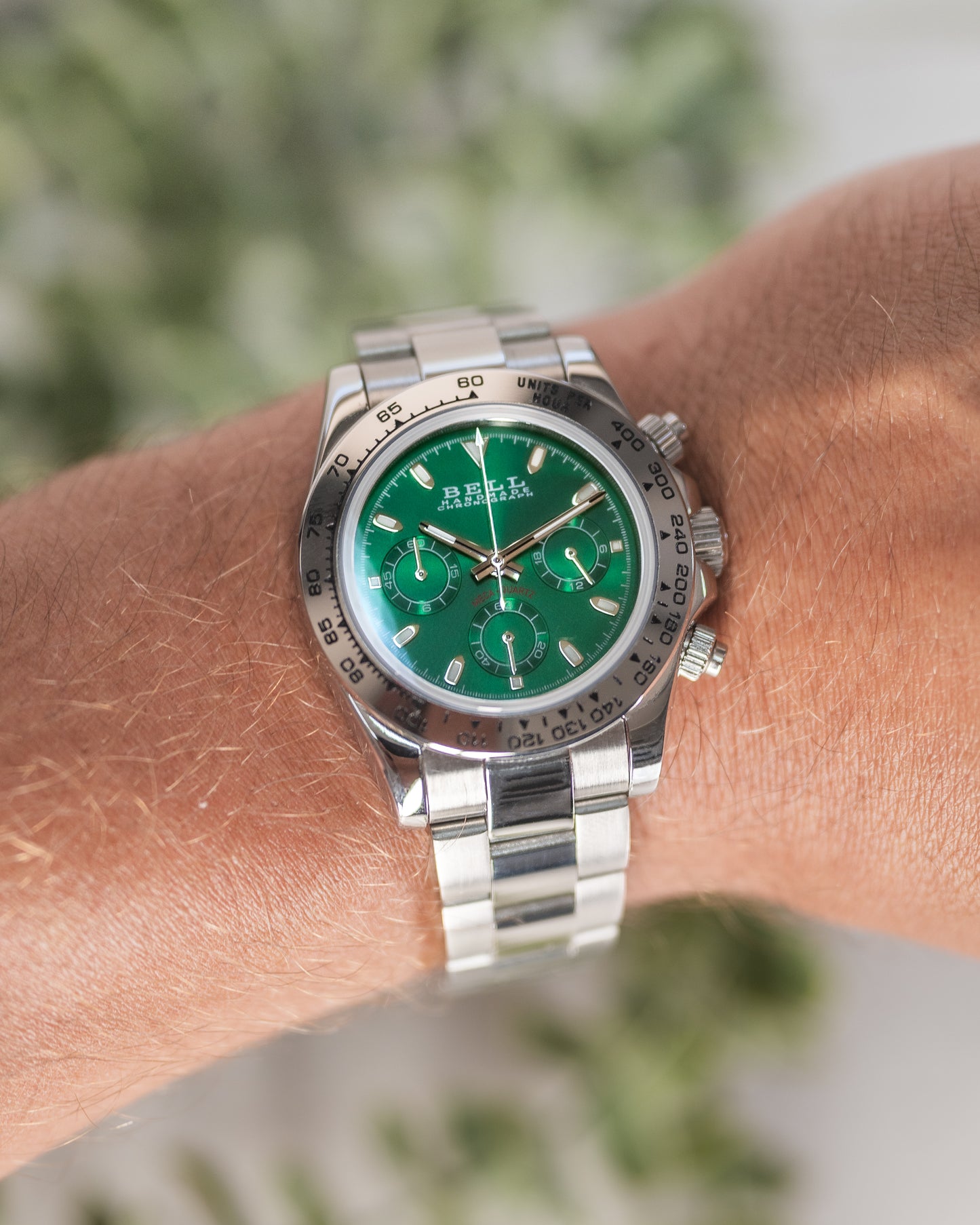 BELL Handmade VK63 Meca-Quartz Chronograph Watch in Silver and Green