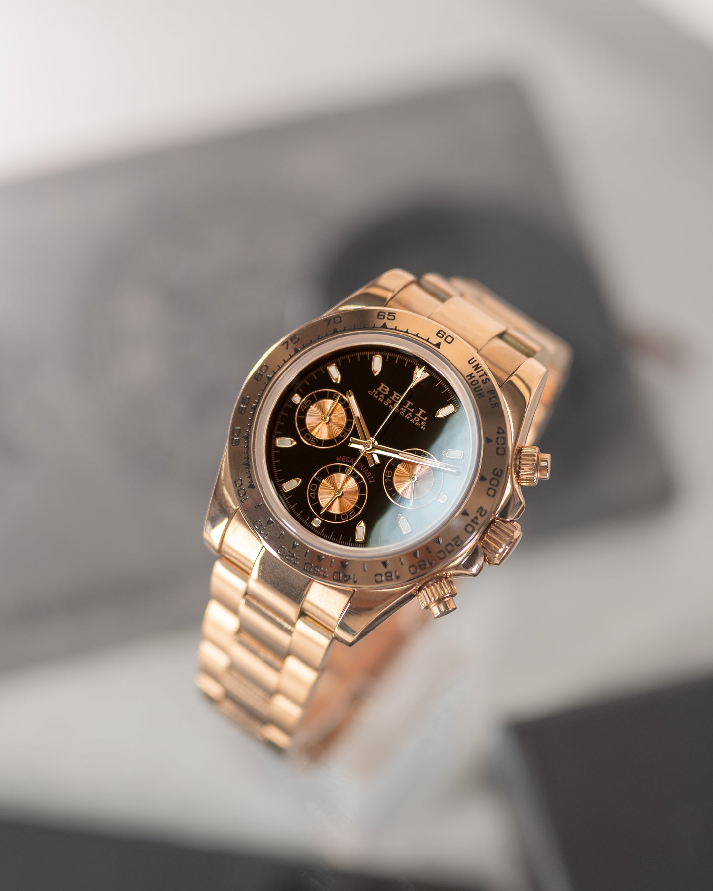 BELL Handmade VK63 Meca-Quartz Chronograph Watch in Rose Gold and Black