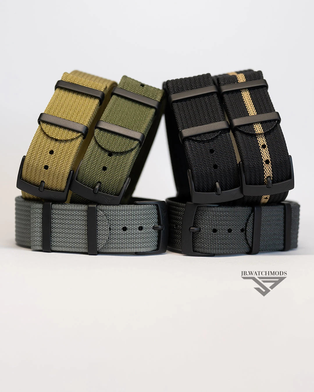 Premium Ribbed Watch Strap Black and Khaki with Black Hardware