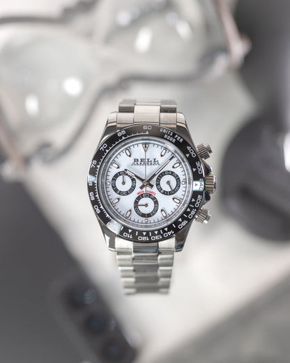 BELL Handmade VK63 Meca-Quartz Chronograph Watch in Silver and White Panda Dial