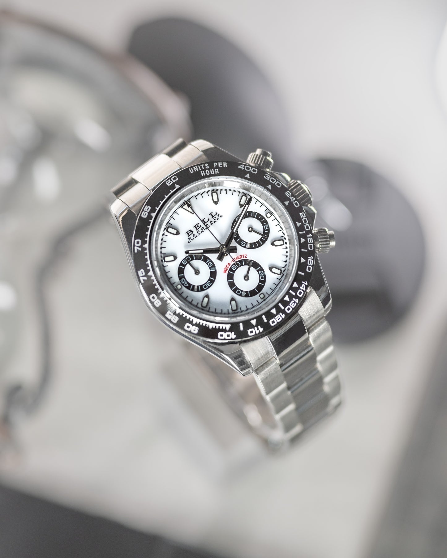 BELL Handmade VK63 Meca-Quartz Chronograph Watch in Silver and White Panda Dial