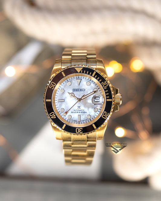 JB.WATCHMODS Custom Seiko Mod Yellow Gold MOP Automatic Watch