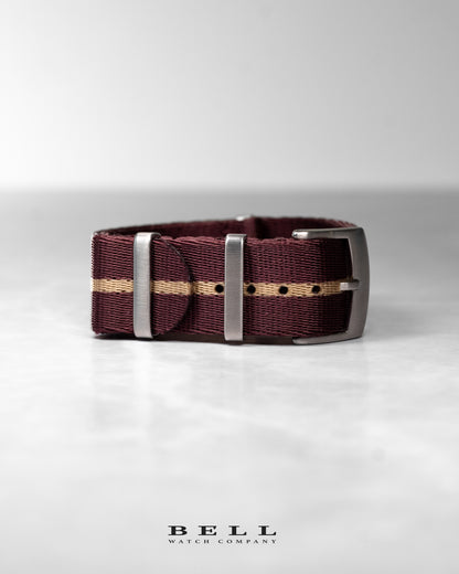 Premium Nylon 20mm Watch Strap Maroon with Khaki Stripe and Silver Hardware Watch Strap