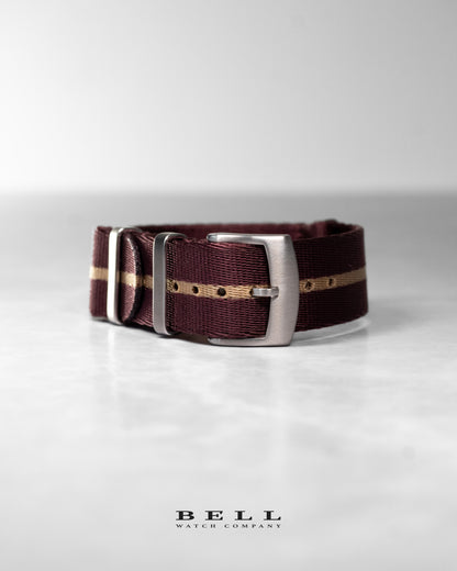 Premium Nylon 20mm Watch Strap Maroon with Khaki Stripe and Silver Hardware Watch Strap