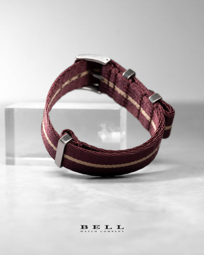 Premium Nylon 20mm Watch Strap Maroon with Khaki Stripe and Silver Hardware Watch Strap