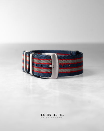 Premium Nylon 20mm Watch Strap Blue Grey and Red with Silver Hardware James Bond Allure Watch Strap