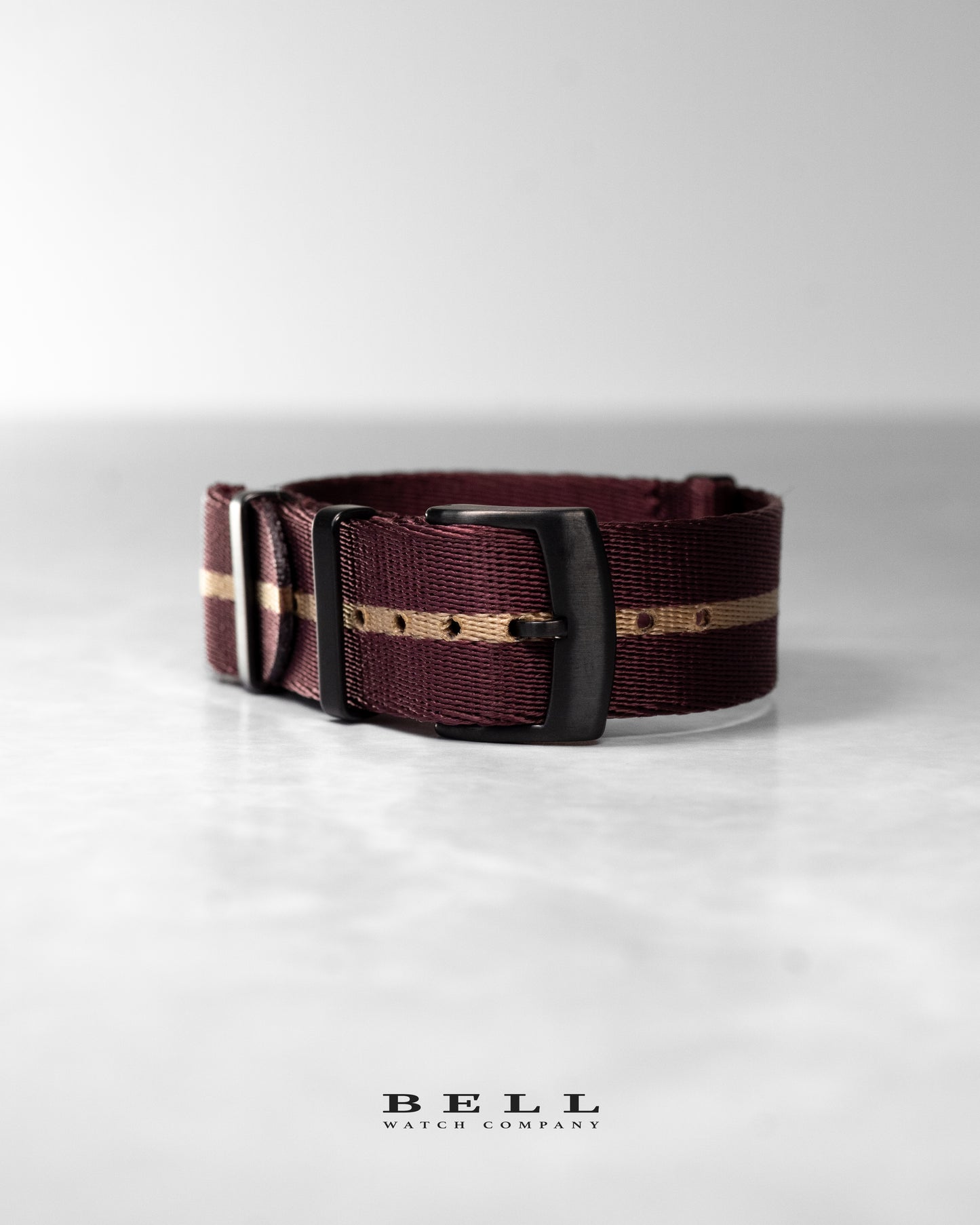 Premium Nylon 20mm Watch Strap Maroon with Khaki Stripe and Black Hardware Watch Strap