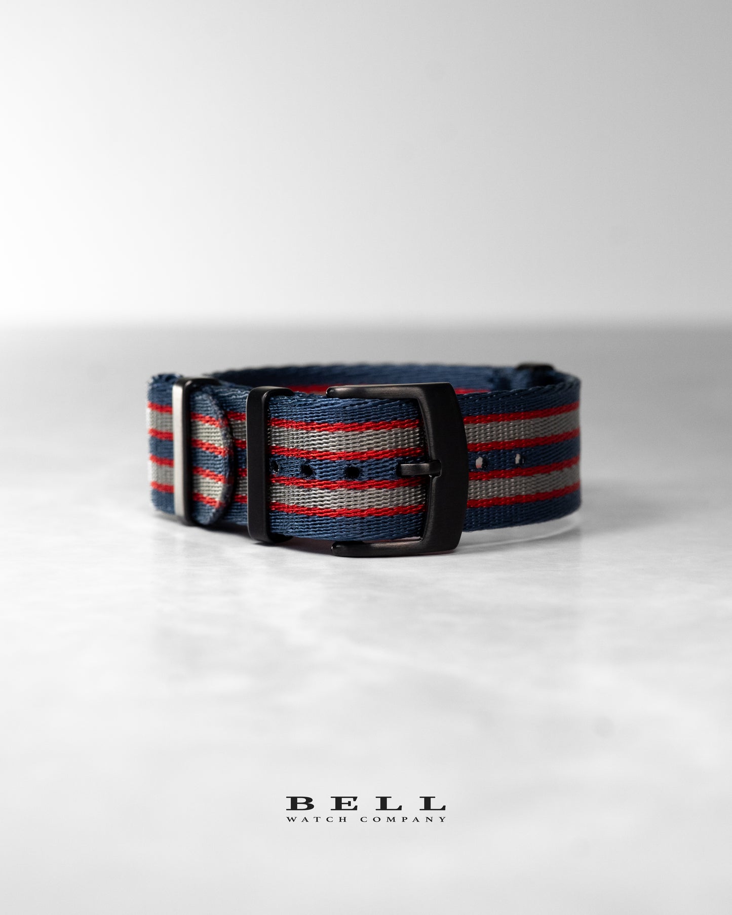 Premium Nylon 20mm Watch Strap Blue Grey and Red with Black Hardware James Bond Allure Watch Strap