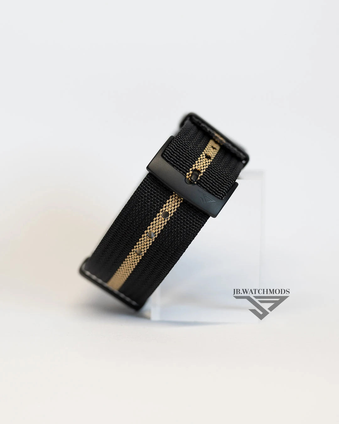 Premium Ribbed Watch Strap Black and Khaki with Black Hardware