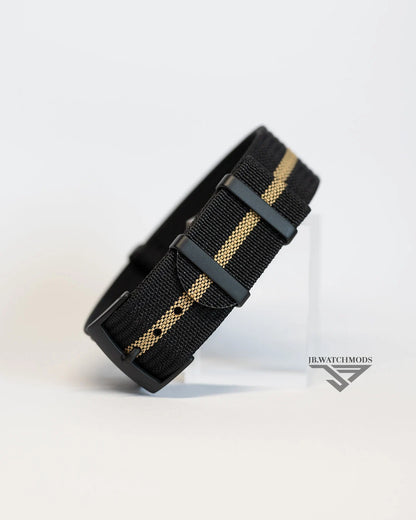 Premium Ribbed Watch Strap Black and Khaki with Black Hardware