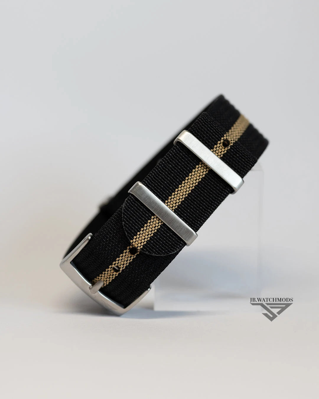 Premium Ribbed Watch Strap Black and Khaki with Silver Hardware