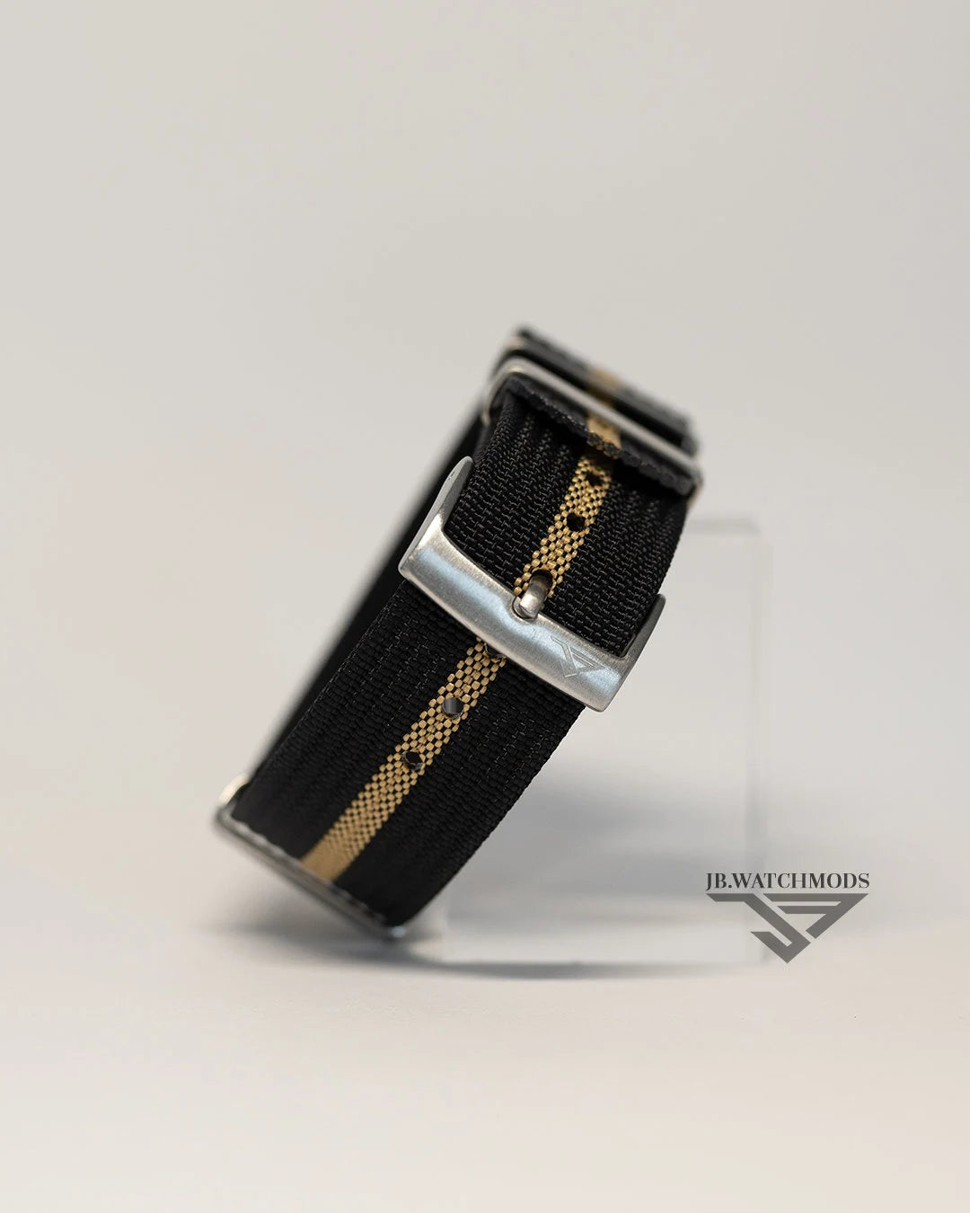 Premium Ribbed Watch Strap Black and Khaki with Silver Hardware