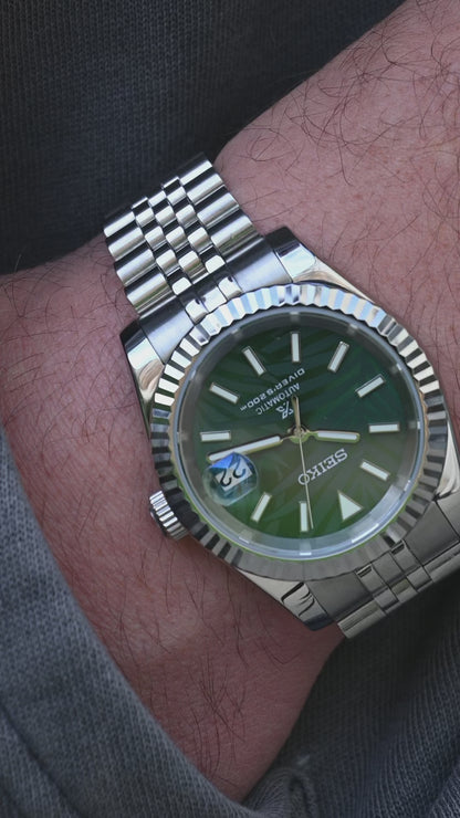 JB.WATCHMODS Custom Seiko Mod Green Palm Datejust style