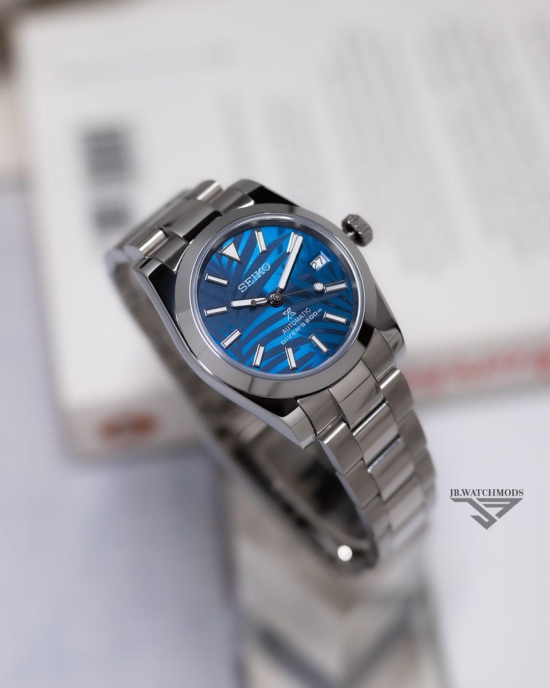 JB.WATCHMODS Custom Seiko Mod Blue Palm Automatic Watch