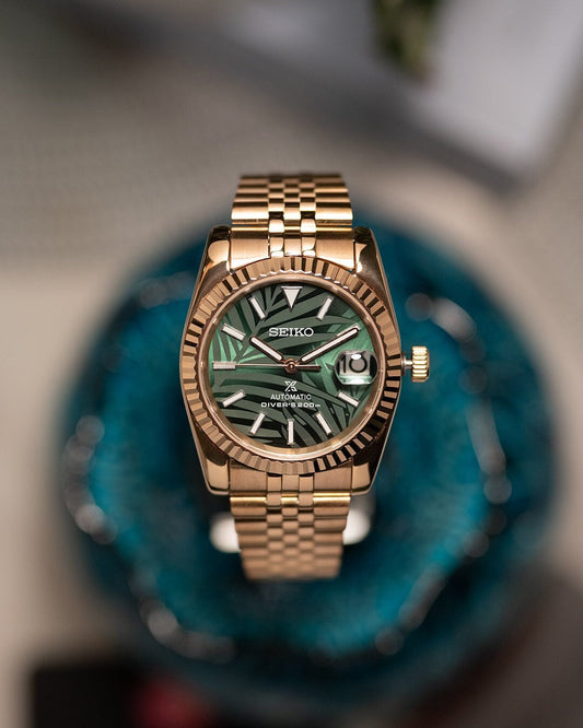 JB.WATCHMODS Custom Seiko Mod Rose Gold with Green Palm Dial