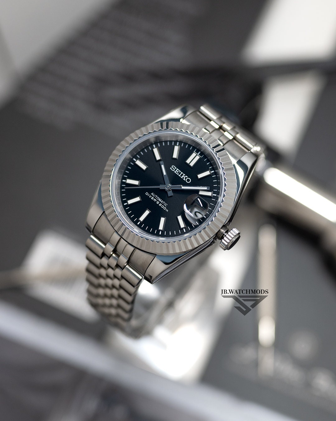 JB.WATCHMODS Custom Seiko Mod Black Datejust style JB.Watchmods